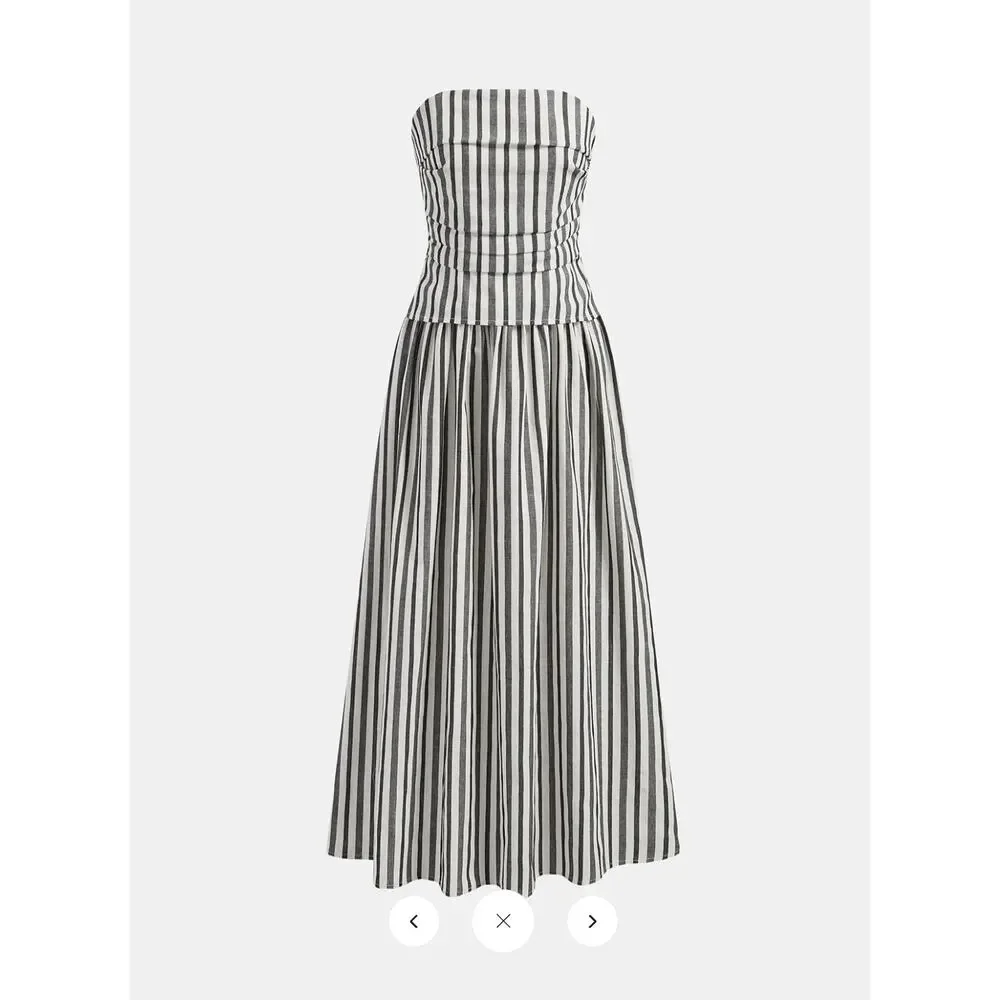 NWT Commense Striped Strapless Cotton Linen Ruched Dress Sz L - Picture 2 of 6